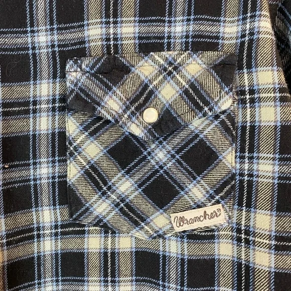 Wrangler Wrancher Vintage Blue Plaid Flannel Shirt w/ Pearl Snap Buttons size XL - Picture 2 of 10